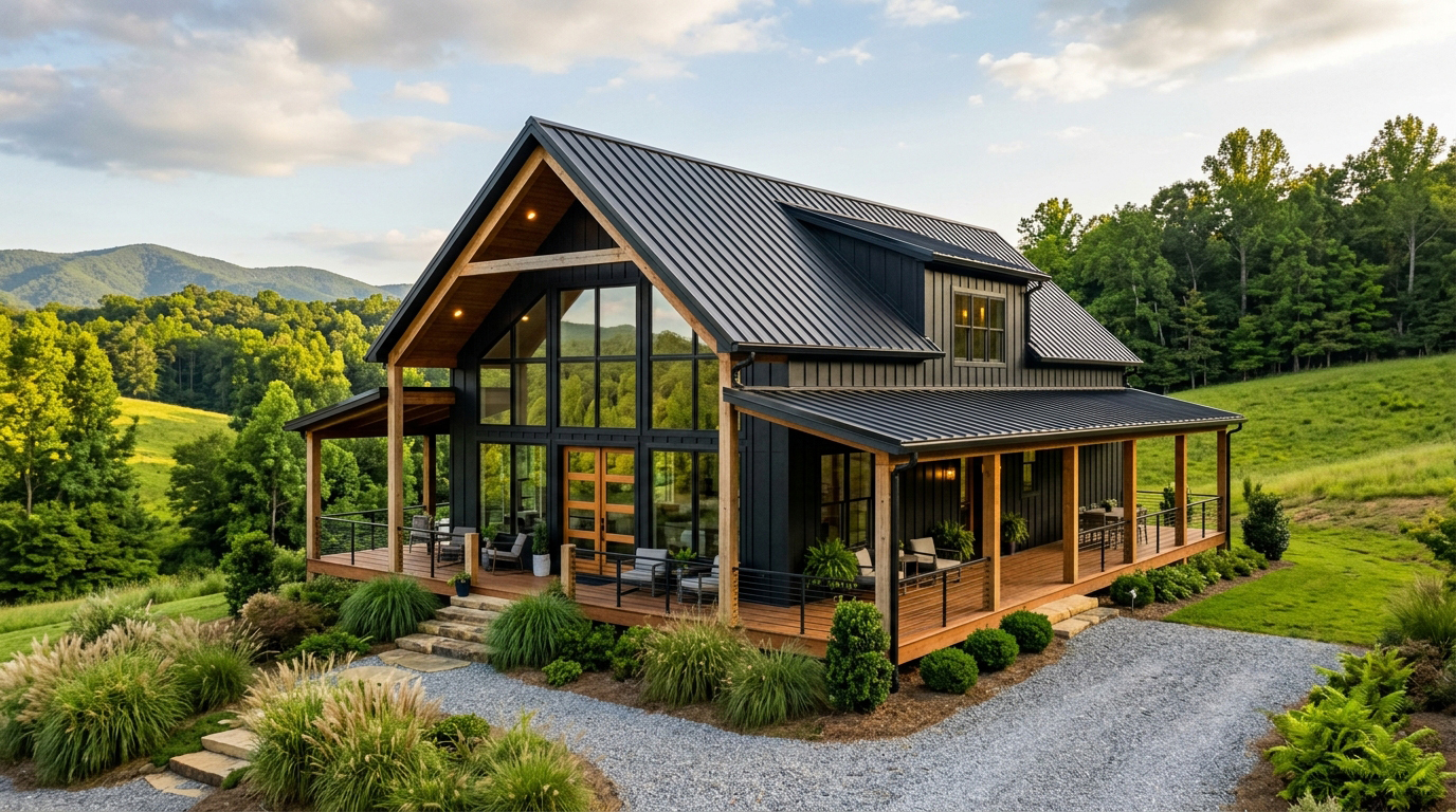 Black metal barndominium with cedar posts, a wraparound porch, and a tall gable window wall on a green hillside